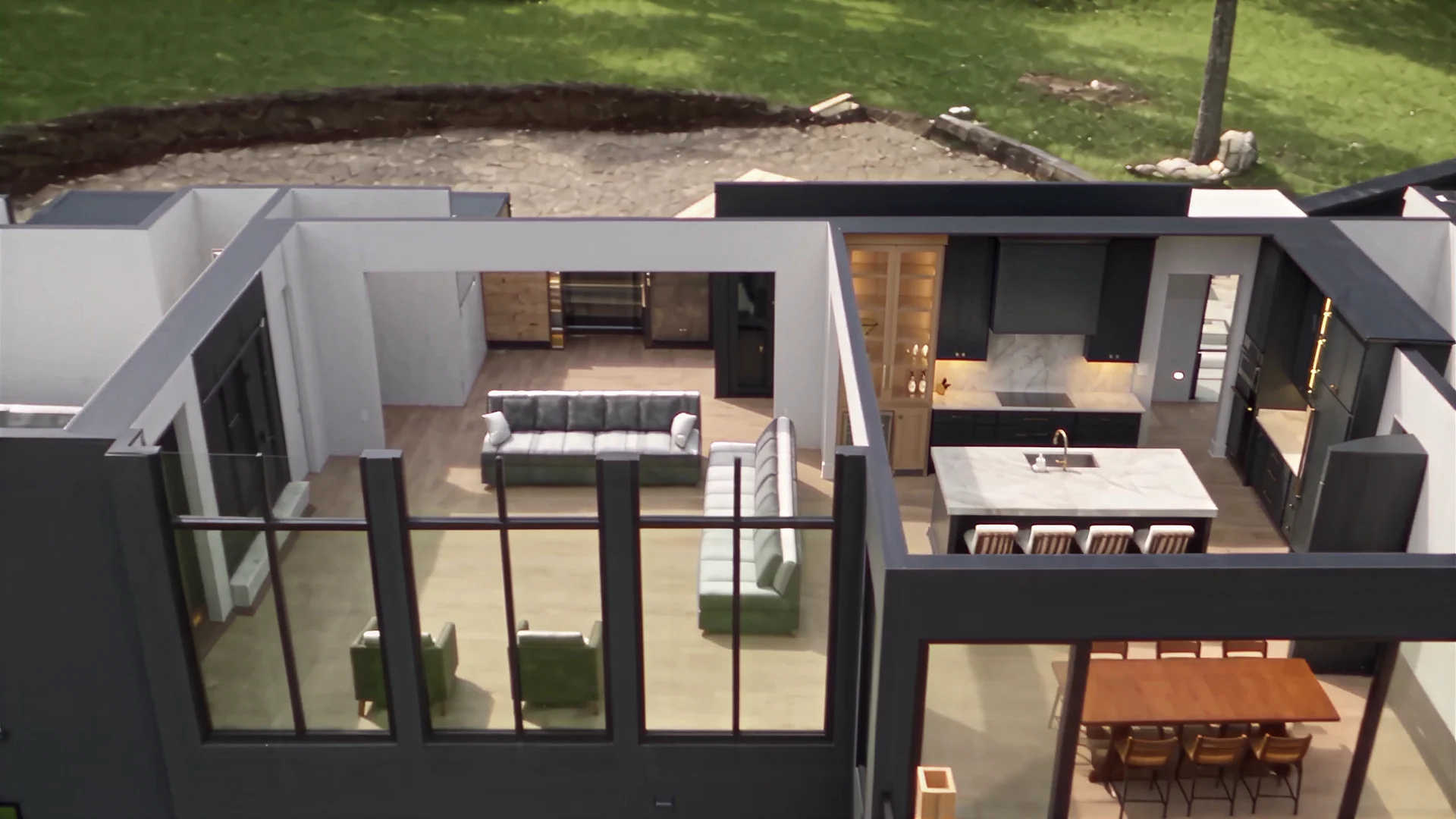 Architectural visualization of the lakefront home: inside the house.